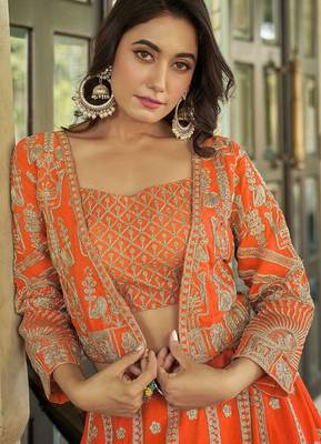 Orange Embroidery & Sequins Chinon Semi Stitched Lehenga Set 2