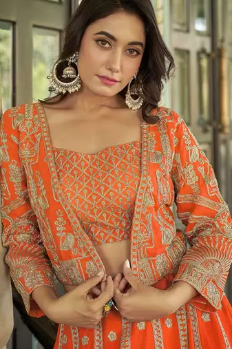 Orange Embroidery & Sequins Chinon Semi Stitched Lehenga Set