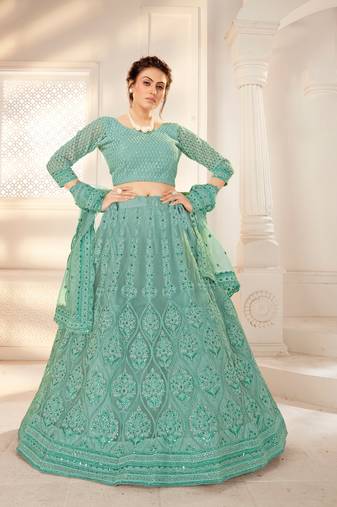 Green Embriodery And Stone Net Semi Stitched Lehenga Set