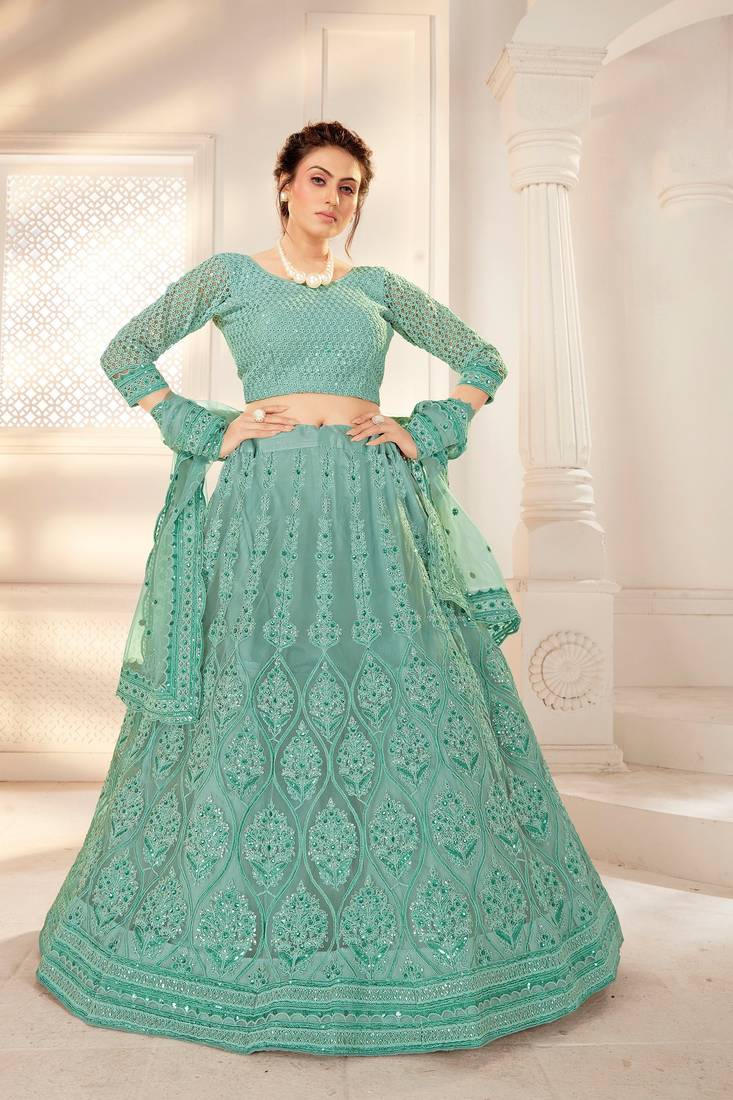 Green Embriodery And Stone Net Semi Stitched Lehenga Set