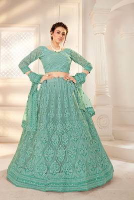 Green Embriodery And Stone Net Semi Stitched Lehenga Set 1
