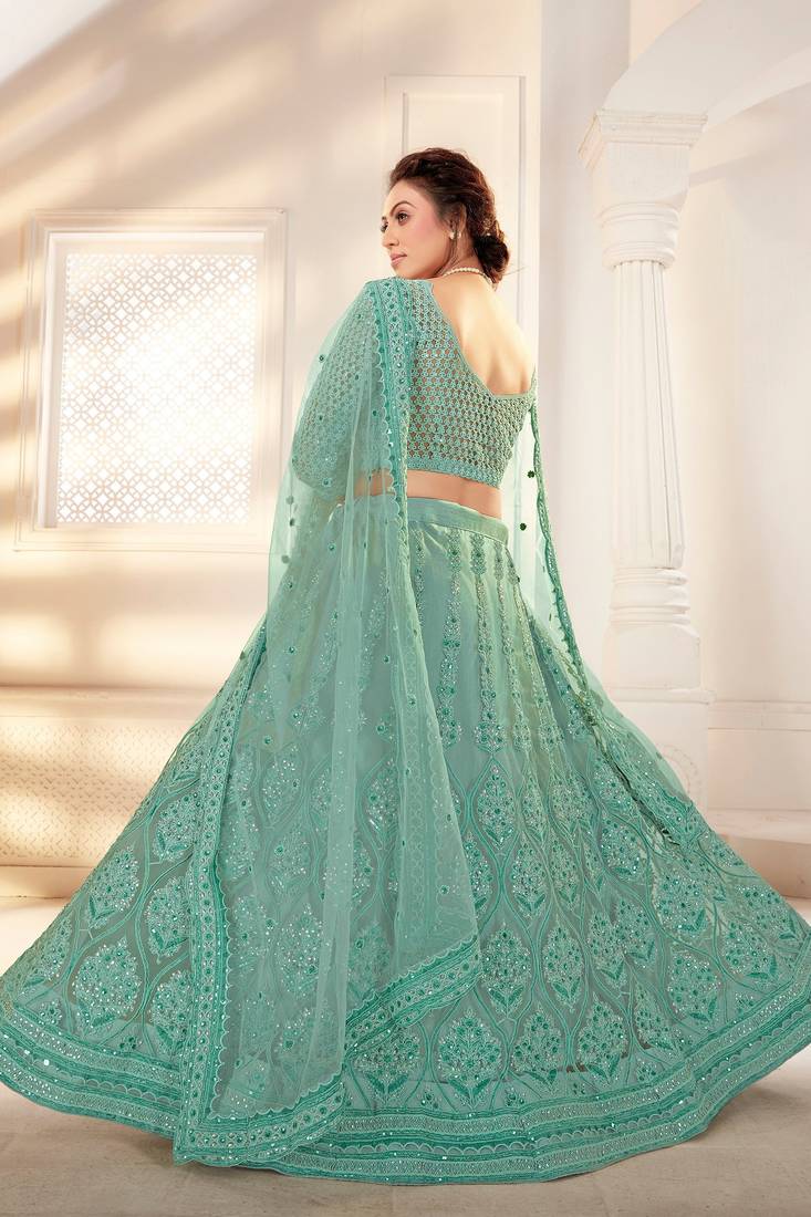 Green Embriodery And Stone Net Semi Stitched Lehenga Set
