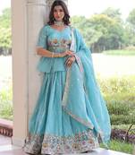 Sky Multi Thread Embroidery Zari Sequins-Work Blended Cotton Semi Stitched Lehenga Set