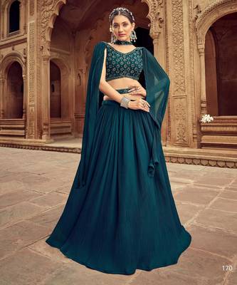 Teal Green Hend Work Georgette Semi Stitched Lehenga Set 1