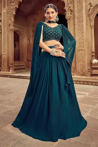Teal Green Hend Work Georgette Semi Stitched Lehenga Set