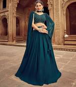 Teal Green Hend Work Georgette Semi Stitched Lehenga Set