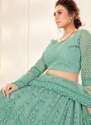 Green Embriodery And Stone Net Semi Stitched Lehenga Set 4