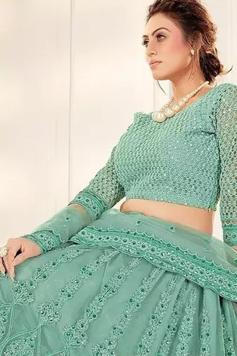 Green Embriodery And Stone Net Semi Stitched Lehenga Set