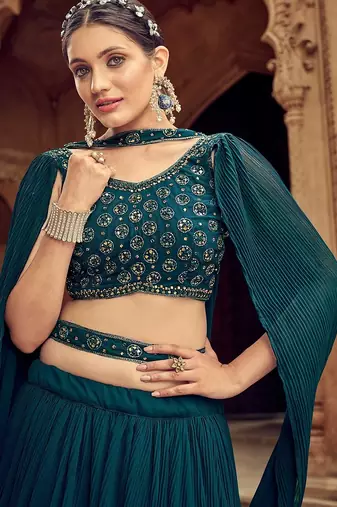 Teal Green Hend Work Georgette Semi Stitched Lehenga Set