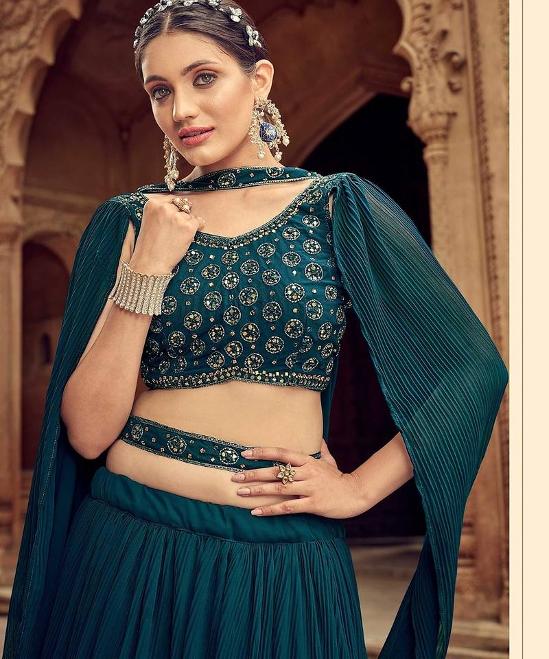 Teal Green Hend Work Georgette Semi Stitched Lehenga Set