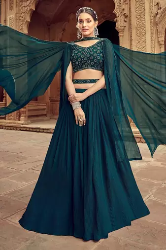 Teal Green Hend Work Georgette Semi Stitched Lehenga Set