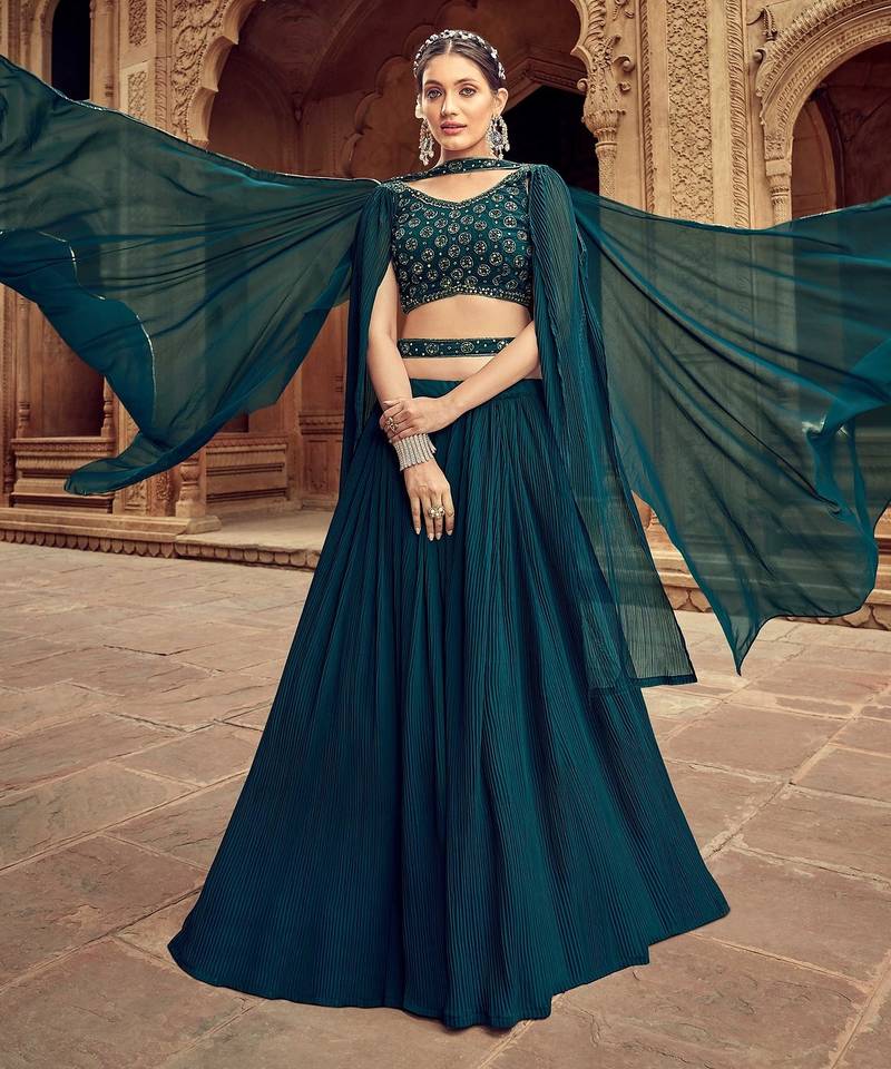 Teal Green Hend Work Georgette Semi Stitched Lehenga Set