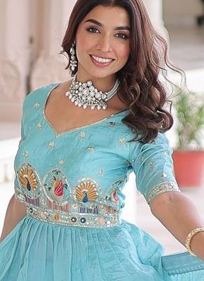 Sky Multi Thread Embroidery Zari Sequins-Work Blended Cotton Semi Stitched Lehenga Set 3