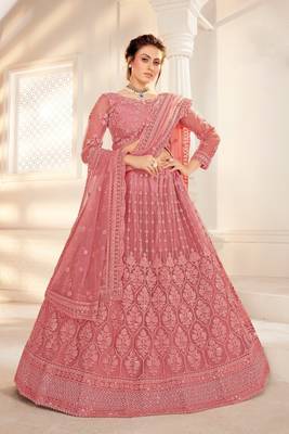 Pink Embriodery And Stone Net Semi Stitched Lehenga Set 1