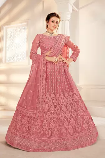 Pink Embriodery And Stone Net Semi Stitched Lehenga Set