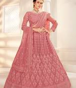 Pink Embriodery And Stone Net Semi Stitched Lehenga Set