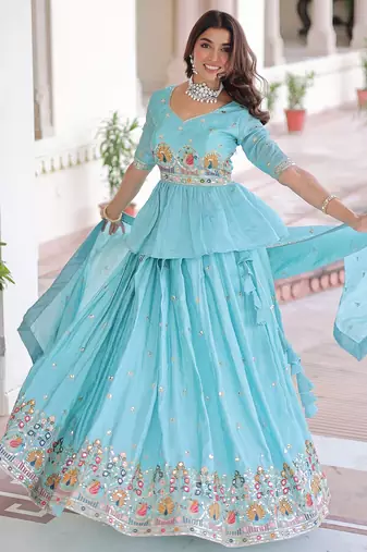 Sky Multi Thread Embroidery Zari Sequins-Work Blended Cotton Semi Stitched Lehenga Set