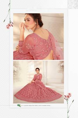 Pink Embriodery And Stone Net Semi Stitched Lehenga Set 2