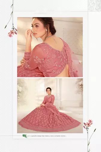 Pink Embriodery And Stone Net Semi Stitched Lehenga Set