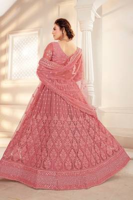 Pink Embriodery And Stone Net Semi Stitched Lehenga Set 3