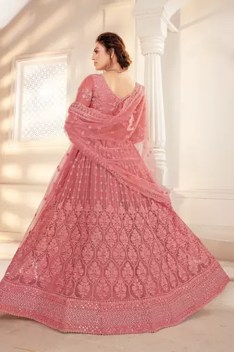 Pink Embriodery And Stone Net Semi Stitched Lehenga Set