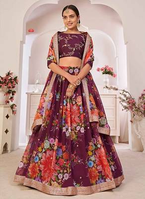 Purple Print Embroidered & Sequins Georgette Semi Stitched Lehenga Set 1