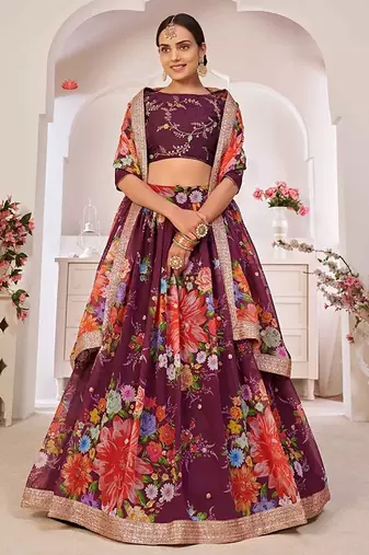 Purple Print Embroidered & Sequins Georgette Semi Stitched Lehenga Set