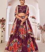 Purple Print Embroidered & Sequins Georgette Semi Stitched Lehenga Set