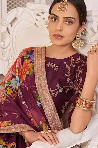 Purple Print Embroidered & Sequins Georgette Semi Stitched Lehenga Set