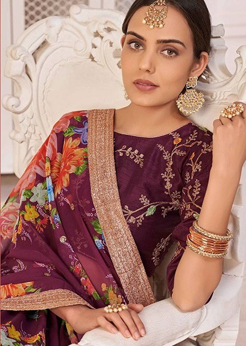 Purple Print Embroidered & Sequins Georgette Semi Stitched Lehenga Set
