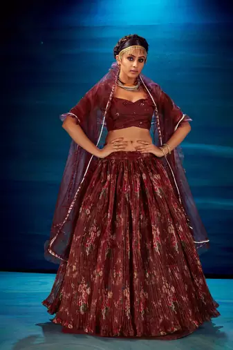 Maroon Embroidered Sequins & Print Organza Semi Stitched Lehenga Set
