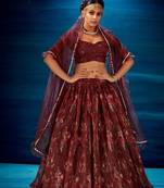 Maroon Embroidered Sequins & Print Organza Semi Stitched Lehenga Set