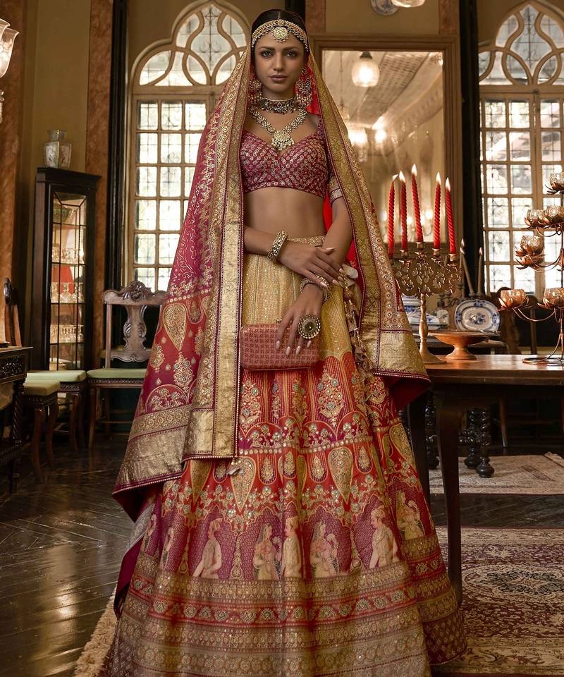 Multi Sparkle & Print Silk Blend Semi Stitched Lehenga Set