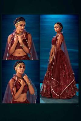 Maroon Embroidered Sequins & Print Organza Semi Stitched Lehenga Set 2