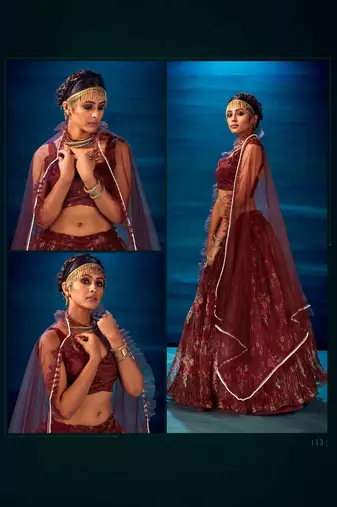 Maroon Embroidered Sequins & Print Organza Semi Stitched Lehenga Set