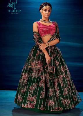 Green Embroidered Sequins & Print Organza Semi Stitched Lehenga Set 1