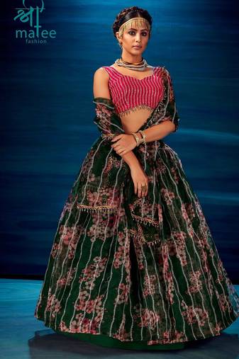 Green Embroidered Sequins & Print Organza Semi Stitched Lehenga Set
