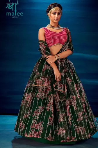 Green Embroidered Sequins & Print Organza Semi Stitched Lehenga Set
