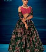 Green Embroidered Sequins & Print Organza Semi Stitched Lehenga Set