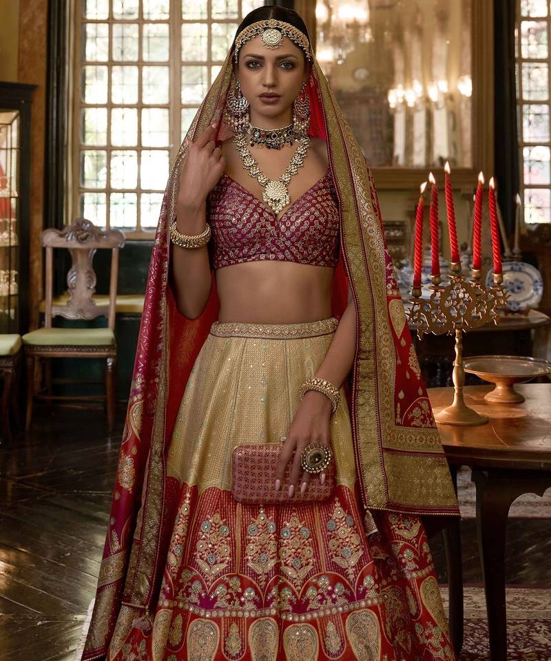 Multi Sparkle & Print Silk Blend Semi Stitched Lehenga Set