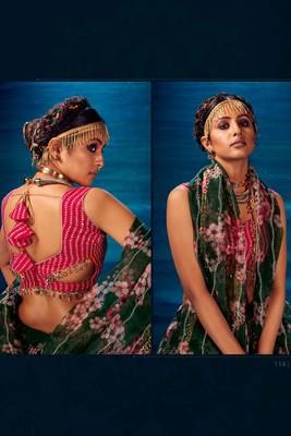 Green Embroidered Sequins & Print Organza Semi Stitched Lehenga Set 2