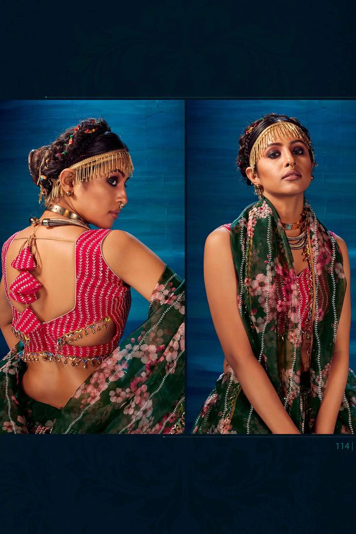 Green Embroidered Sequins & Print Organza Semi Stitched Lehenga Set