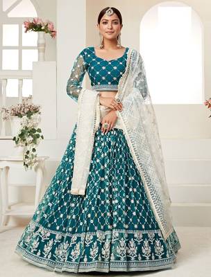 Teal Blue Embroidered & Sequins Net Semi Stitched Lehenga Set 1