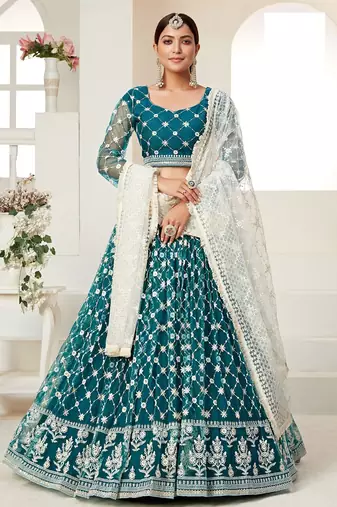 Teal Blue Embroidered & Sequins Net Semi Stitched Lehenga Set