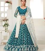 Teal Blue Embroidered & Sequins Net Semi Stitched Lehenga Set