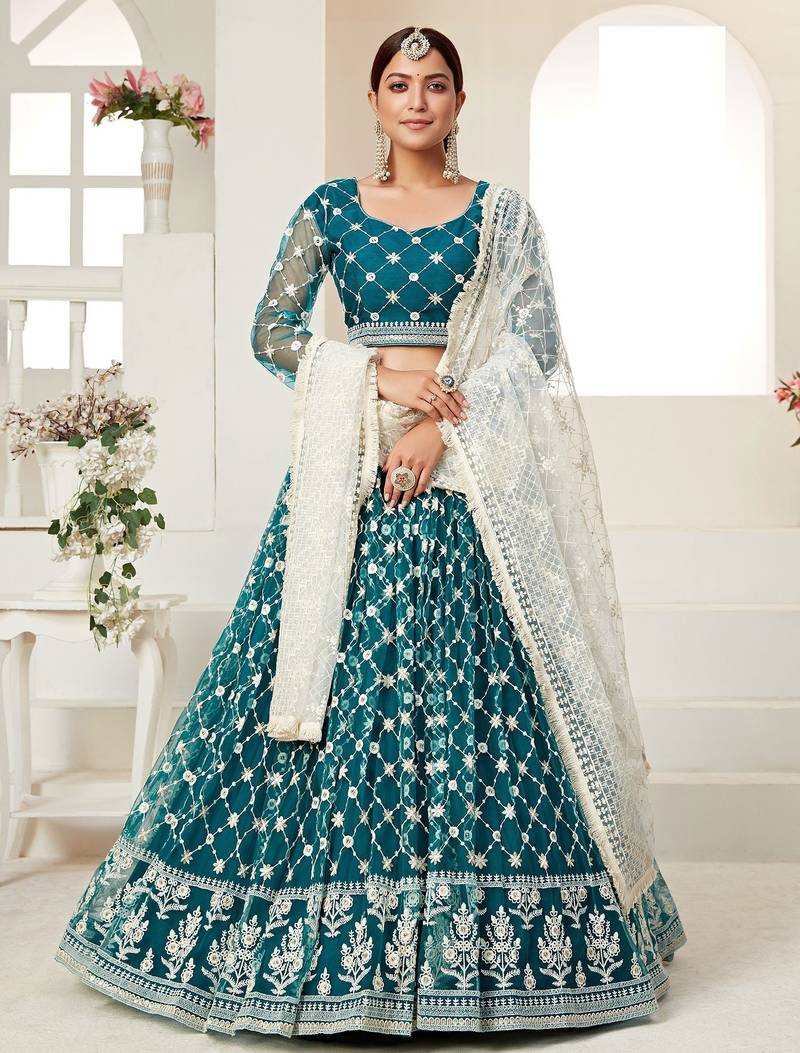 Teal Blue Embroidered & Sequins Net Semi Stitched Lehenga Set