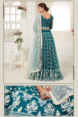 Teal Blue Embroidered & Sequins Net Semi Stitched Lehenga Set 2