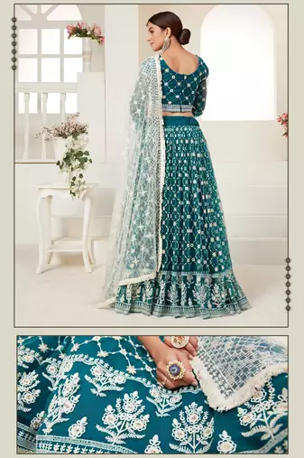 Teal Blue Embroidered & Sequins Net Semi Stitched Lehenga Set
