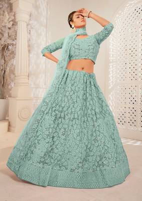 Pink Embroidered & Sequins Net Semi Stitched Lehenga Set 1