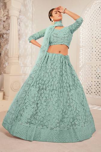 Pink Embroidered & Sequins Net Semi Stitched Lehenga Set